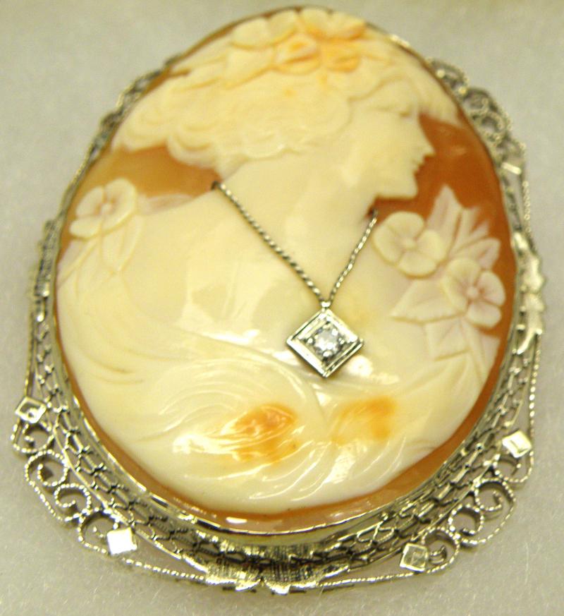 14 K White Gold Filigree Shell Cameo with Old Mine Diamond  