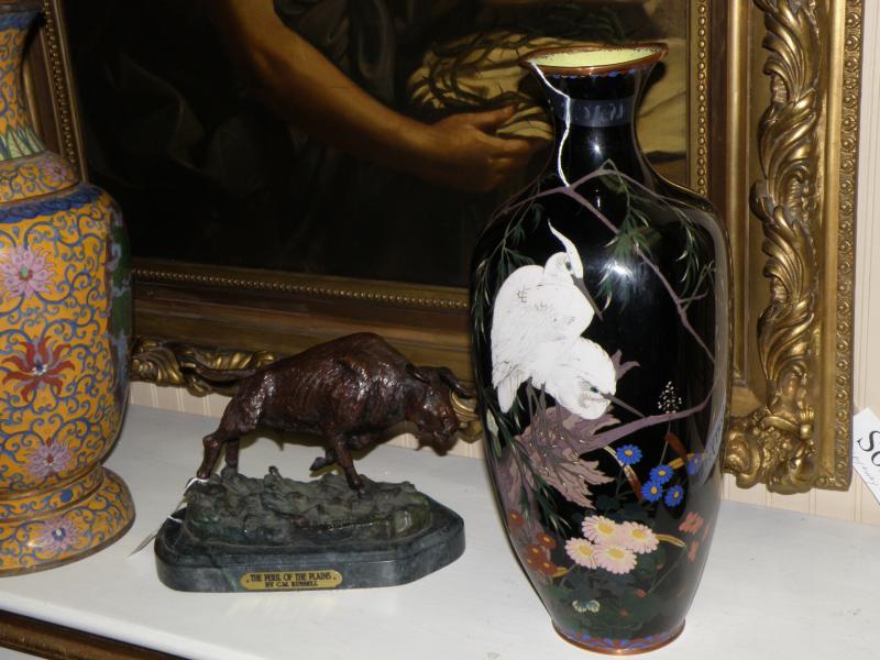 19th Century Cloisonne Vase and C.M. Russell Bison Bronze 