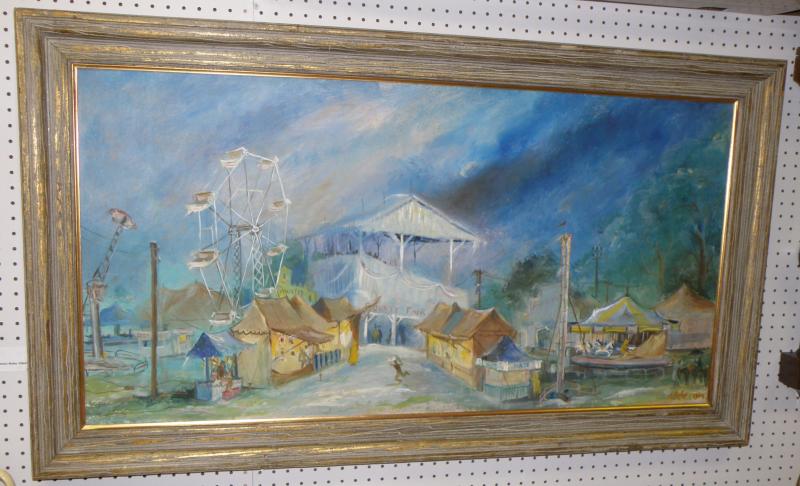 James Robe, Florida County Fair, Oil on Masonite  24 x 48. Signed LR 'JK. Robe  