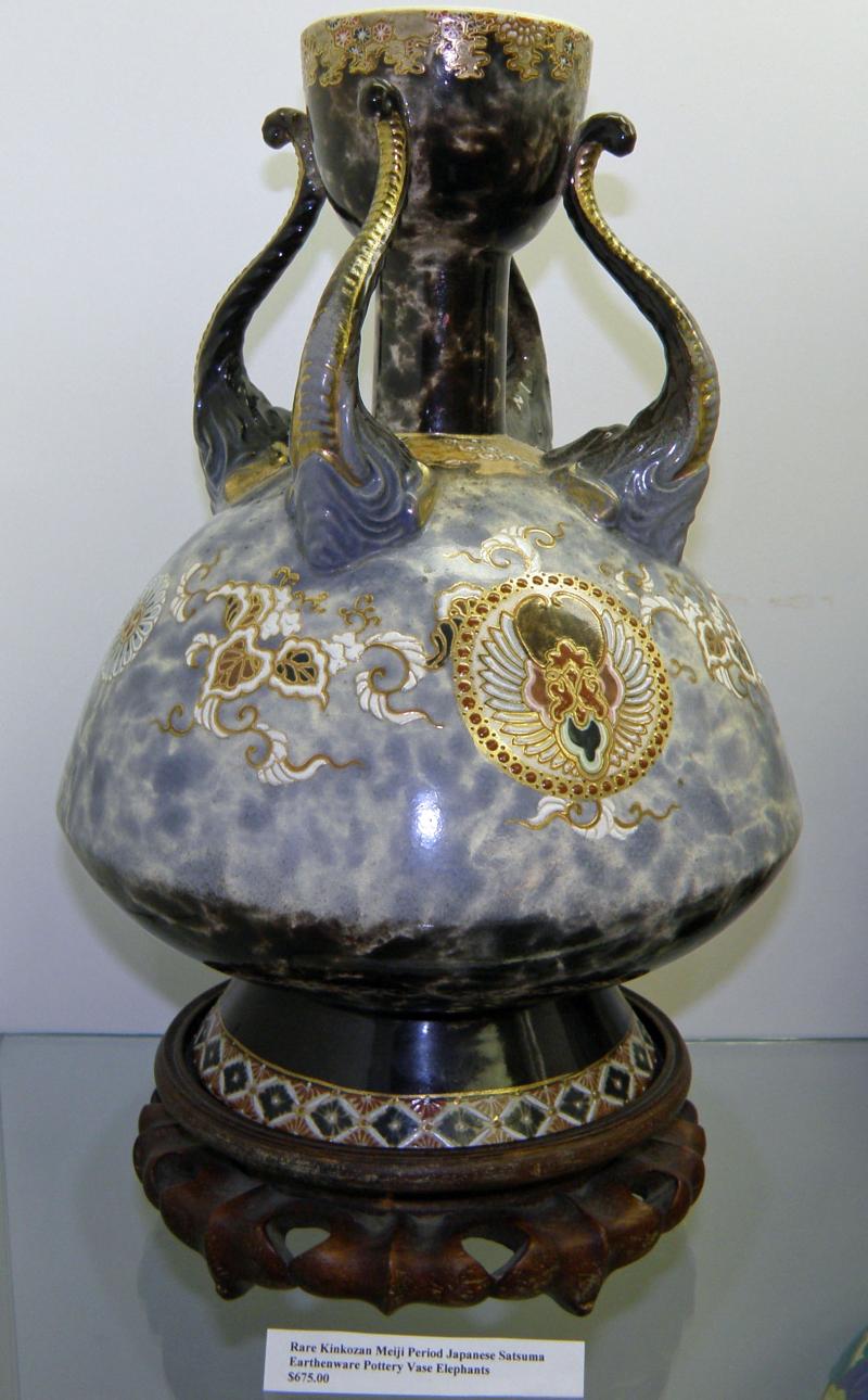 Rare Kinkozan Meiji Period Japanese Satsuma Earthenware Pottery Vase Elephants  