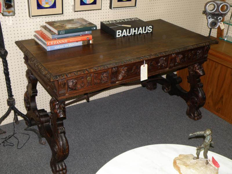 Spanish Walnut Carved Table with Iron Stretcher 