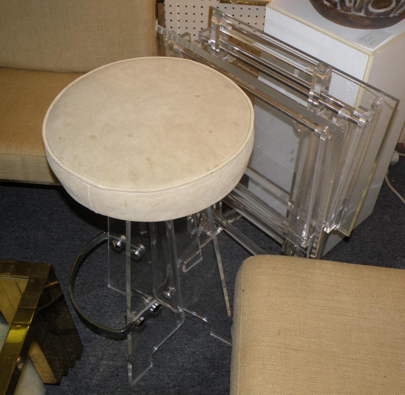 Unique Custom Designed and Fashioned Lucite Stools with Chrome Footrests and Sue